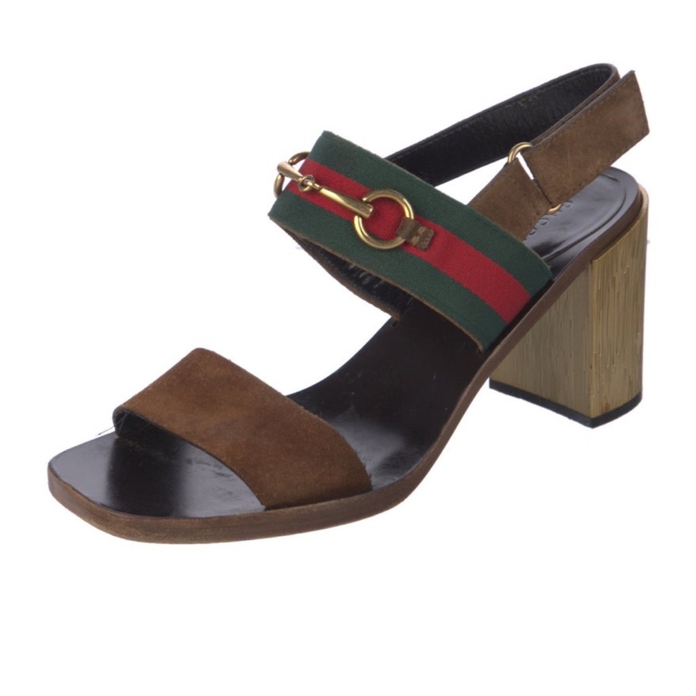Gucci Slingback Block Heel Sandal with Signature Accent - Brown/Green/Red